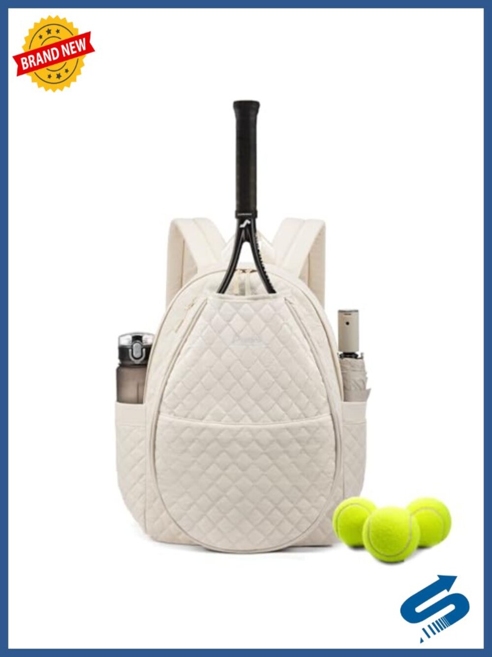 Quilted Polyester Tennis Backpack Racket Bag with Laptop Sleeve Water Bottle